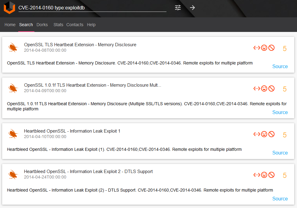 Vulners.com CVE-2014-0160 exploits searching