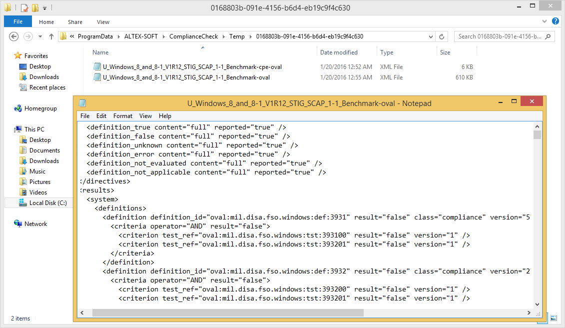 ComplianceCheck OVAL definition result file in Temp folder