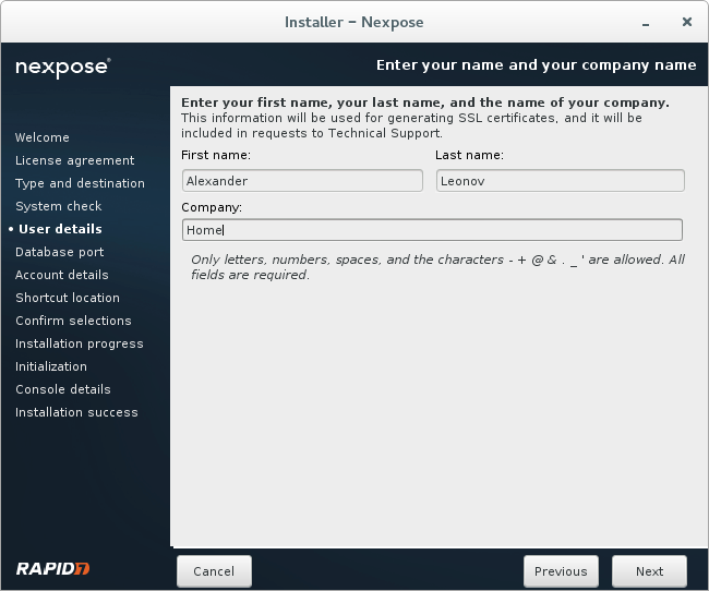 Personal information for SSL certificates and Technical Support