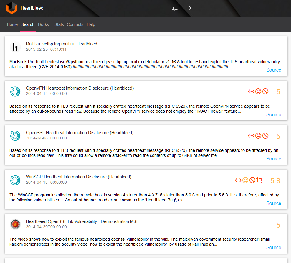 Vulners.com 'Heartbleed' search results