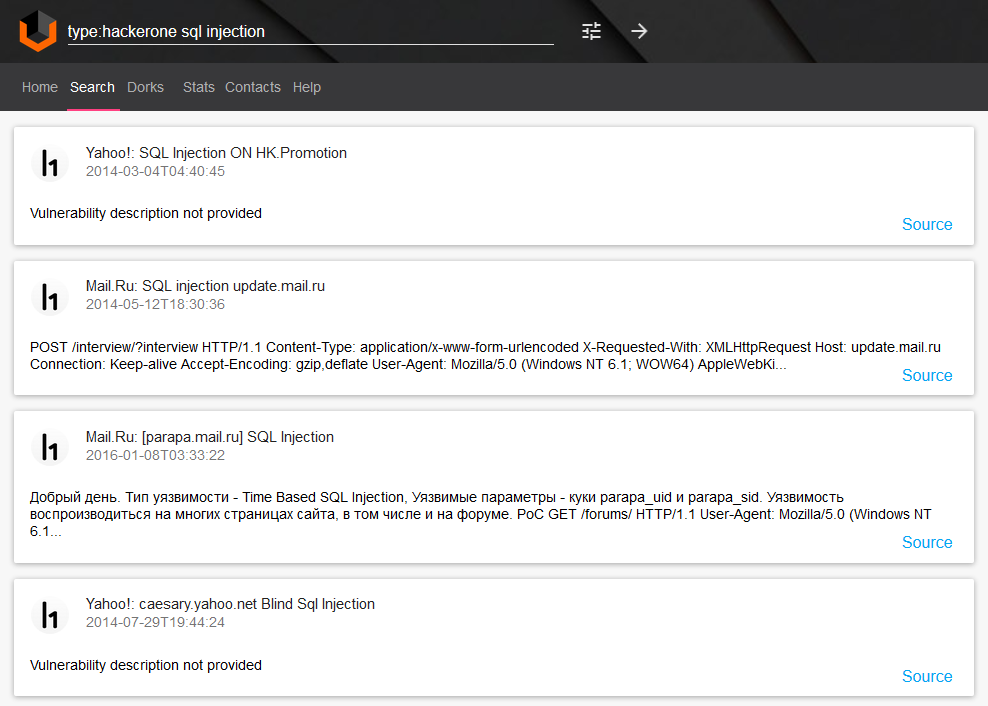 Vulners.com SQL injections from hackerone searching