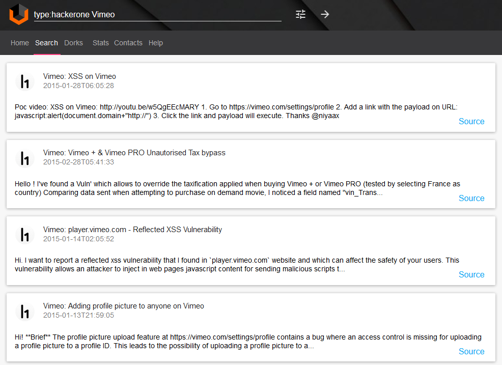 Vulners.com Vimeo vulnerabilities searching