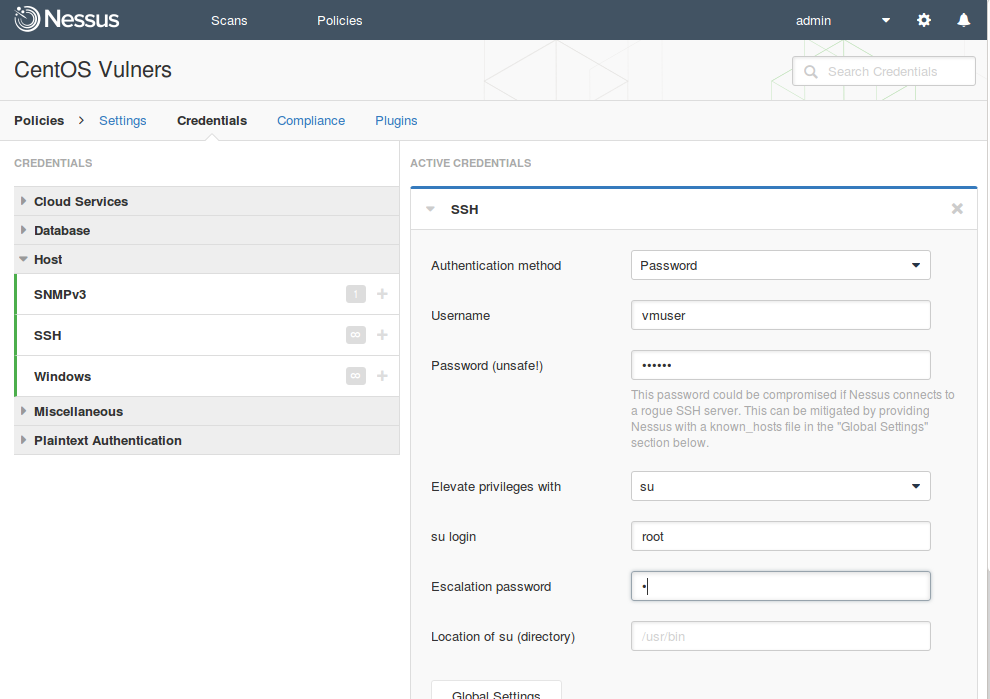 Nessus credentials configuration