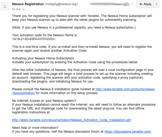 Nessus email with activation code