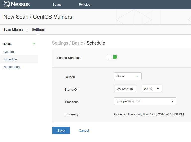 Nessus scheduling settings