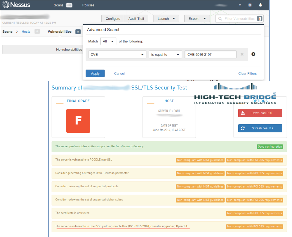 HT Bridge detects CVE-2016-2107 vulnerability, Nessus not