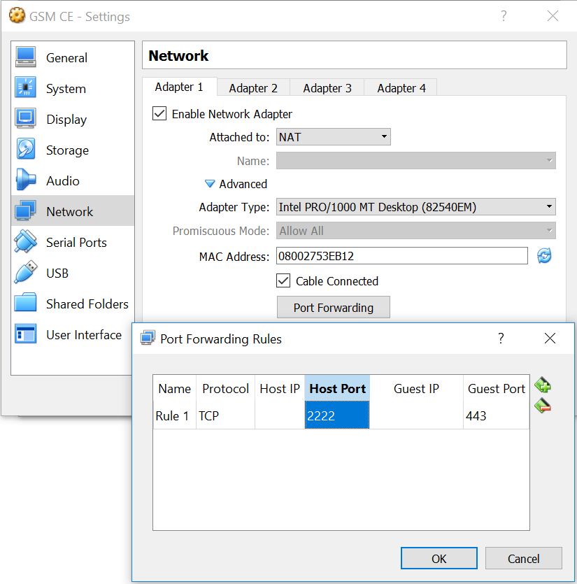 VirtualBox NAT port forwarding