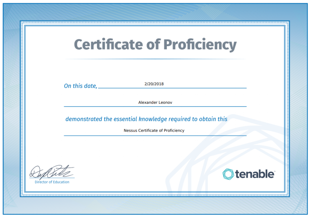 Tenable University Nessus Certificate of Proficiency Alexander V. Leonov