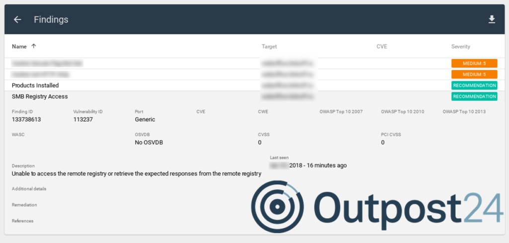 Outpost24 Appsec Scale scan results