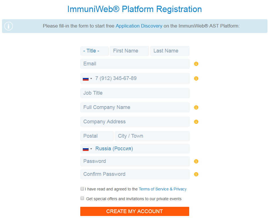 High-Tech Bridge ImmuniWeb Application Discovery Registration form