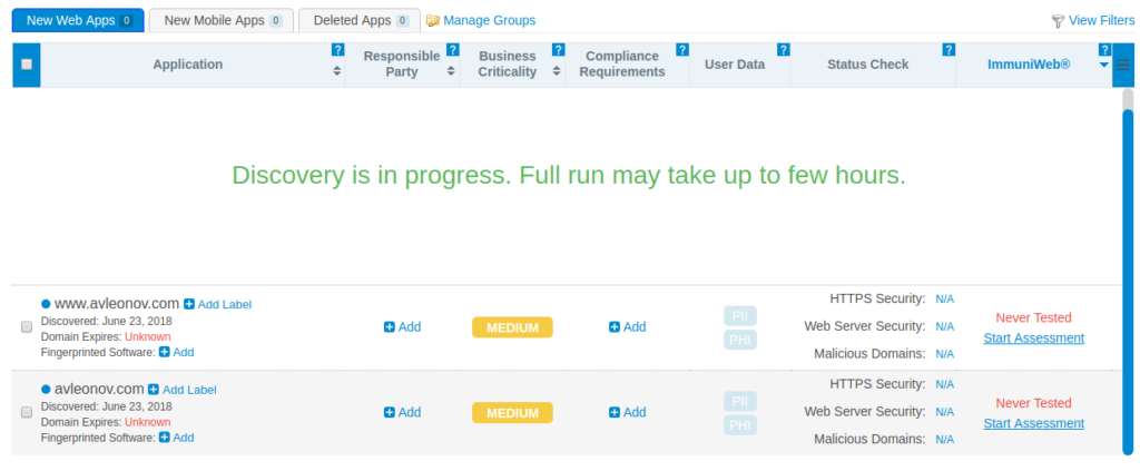 High-Tech Bridge ImmuniWeb Application Discovery discovery in progress