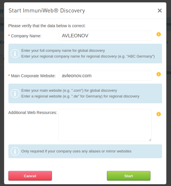 High-Tech Bridge ImmuniWeb Application Discovery start discovery