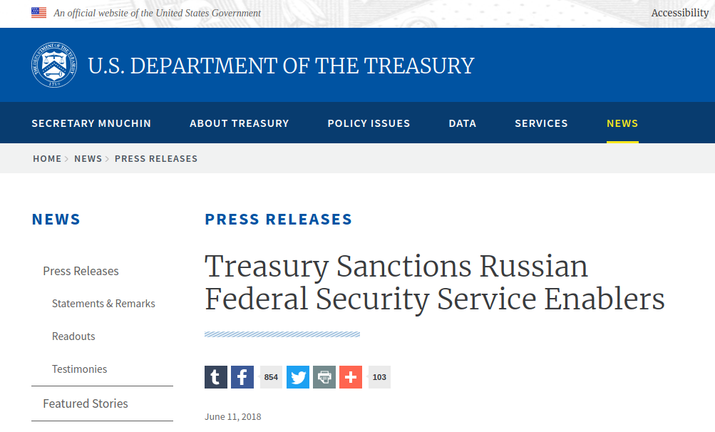 Treasury Sanctions Russian Federal Security Service Enablers