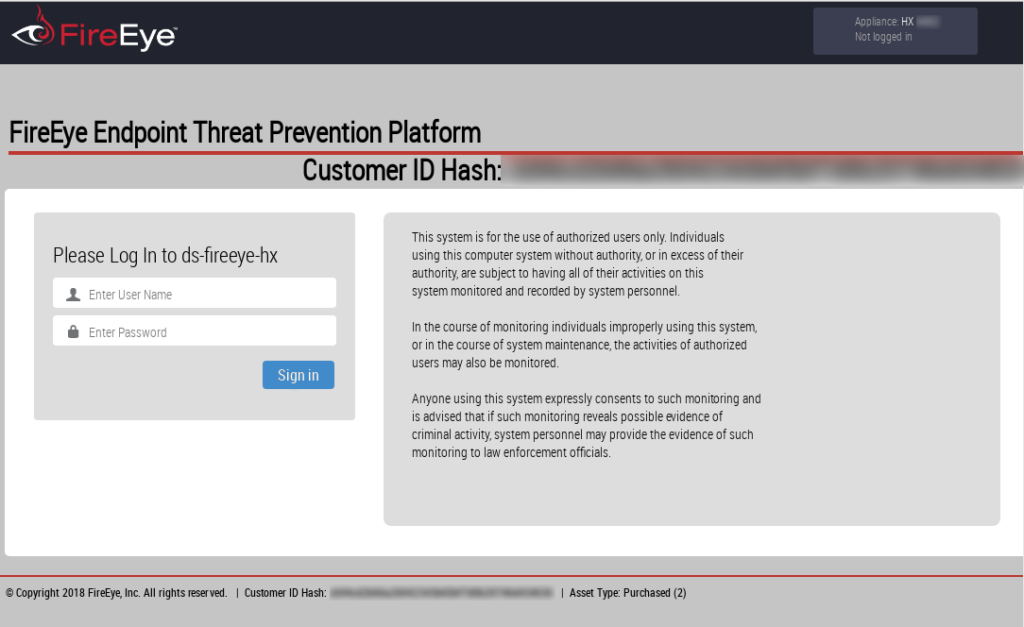 FireEye HX appliance login screen