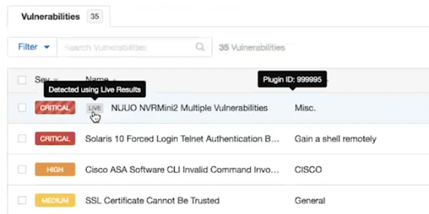 Nessus 8 live results in the list of vulnerabilities