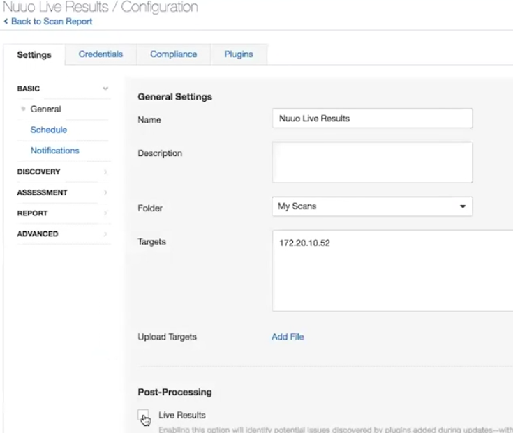 Nessus 8 live results configuration