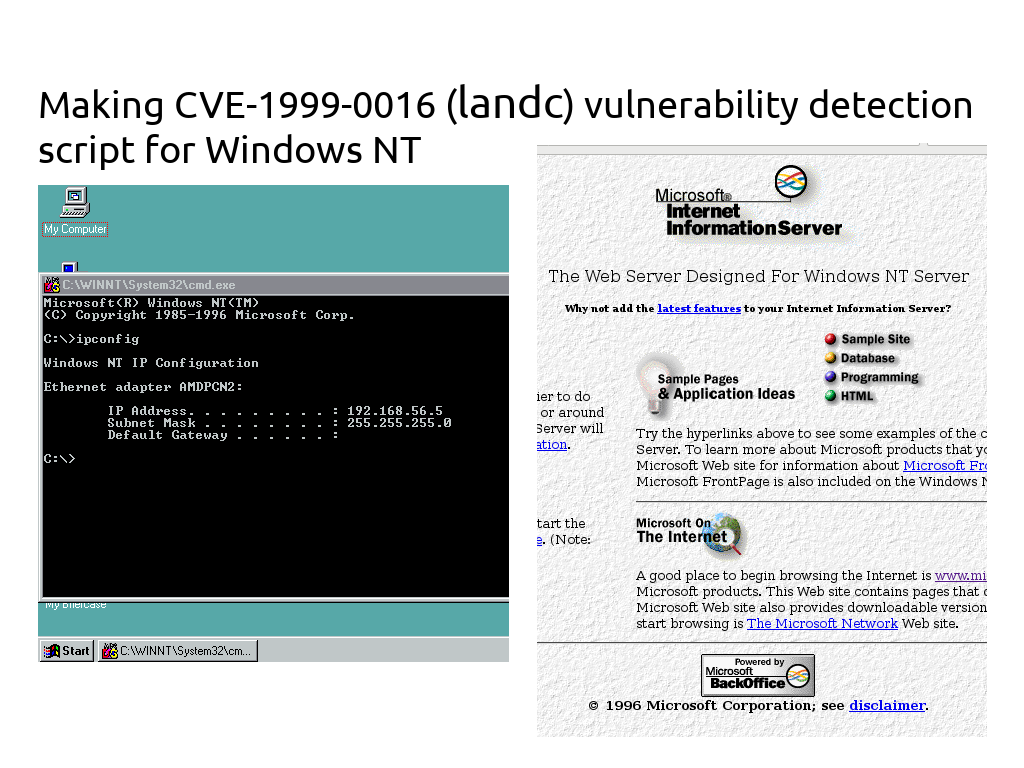 Making CVE-1999-0016 (landc) vulnerability detection script for Windows NT