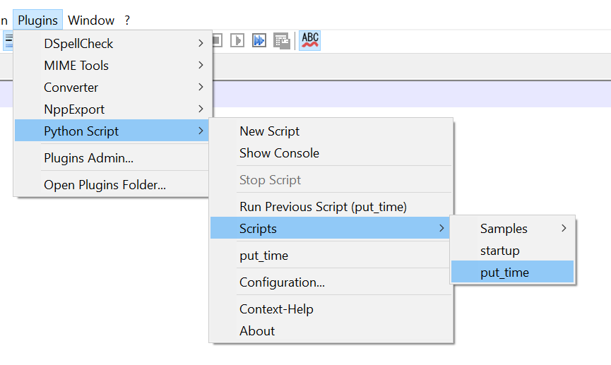 And now I can run it using the menu Plugins -> Python Script -> Scripts -> put_time
