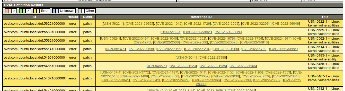 At the same time, oval-results.xml was created and it was possible to generate an html report from it. But some of the checks are displayed in the error state.